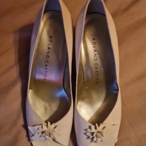 Roland Cartier Ivory Floral Peep-Toe Heels